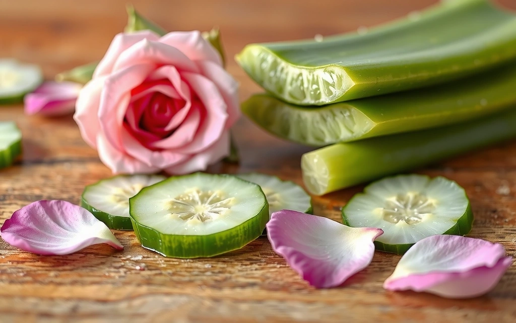 Close-up of fresh, vibrant skincare ingredients like aloe vera, cucumber slices, and rose petals, arranged aesthetically on a wooden surface.