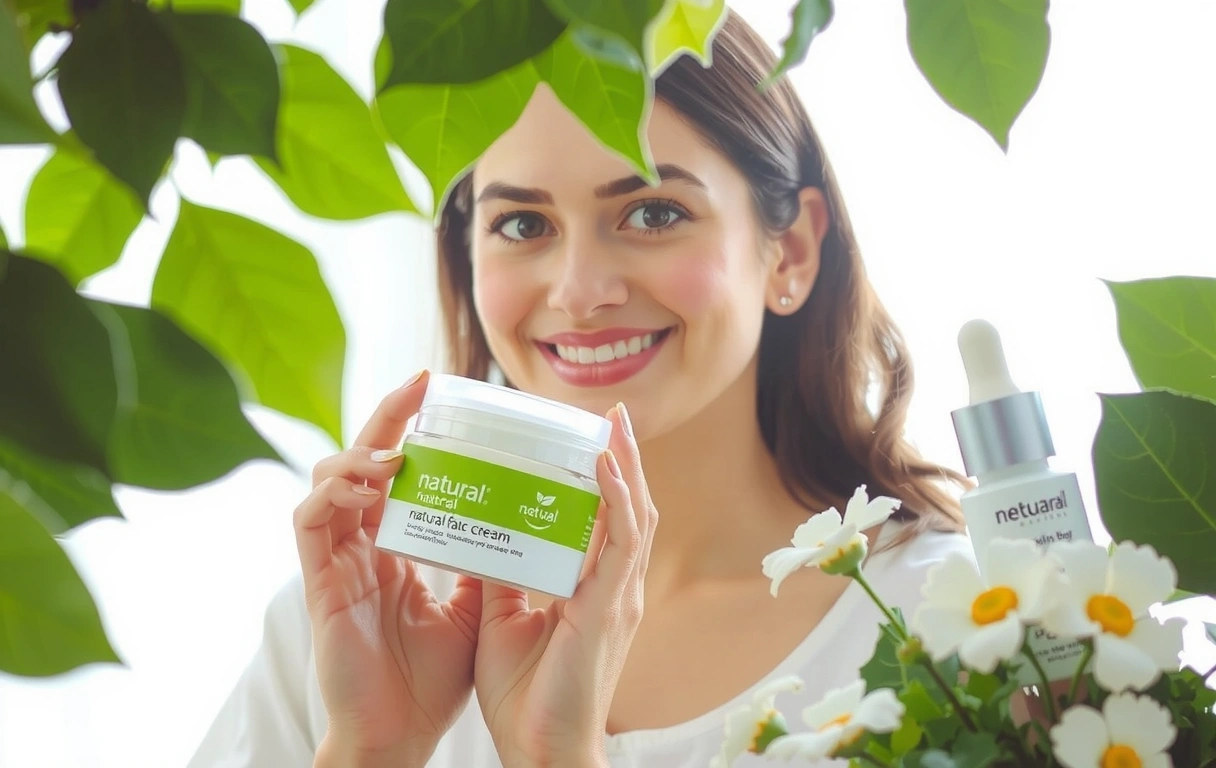A woman holding natural skincare products and smiling, surrounded by botanical elements.
