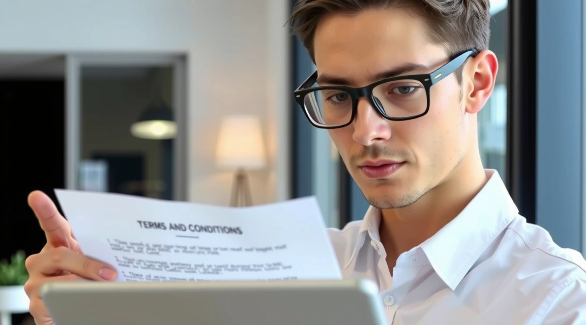 Person reading terms and conditions on a tablet, serious and focused