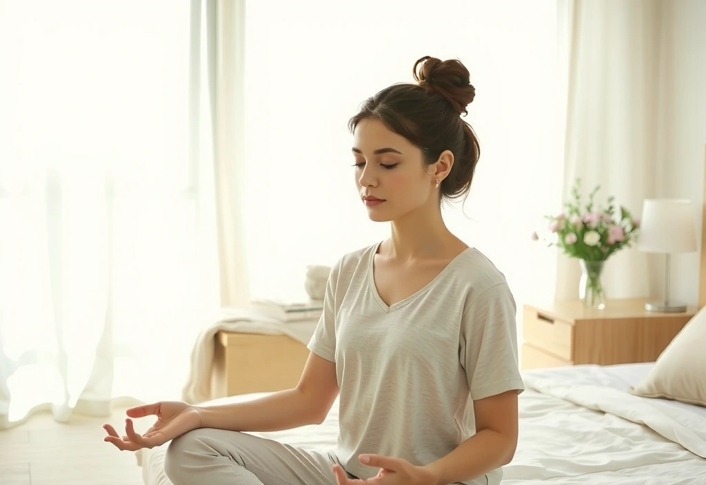 A woman meditating peacefully in a serene, sunlit bedroom, symbolizing rest and skin repair.